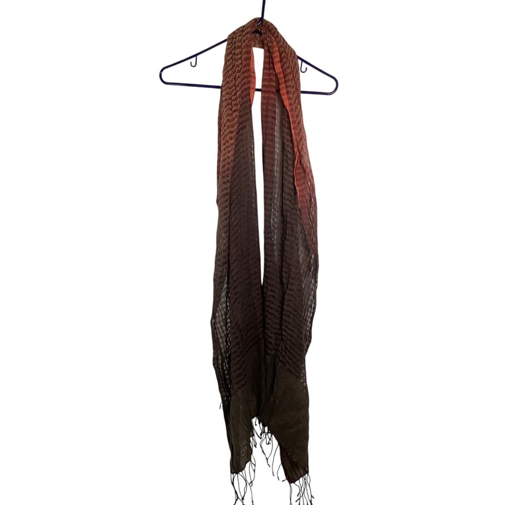 Eileen Fisher Brown Rust Green Gauze Fringe Wrap Scarf Boho Quiet Luxury B21-6